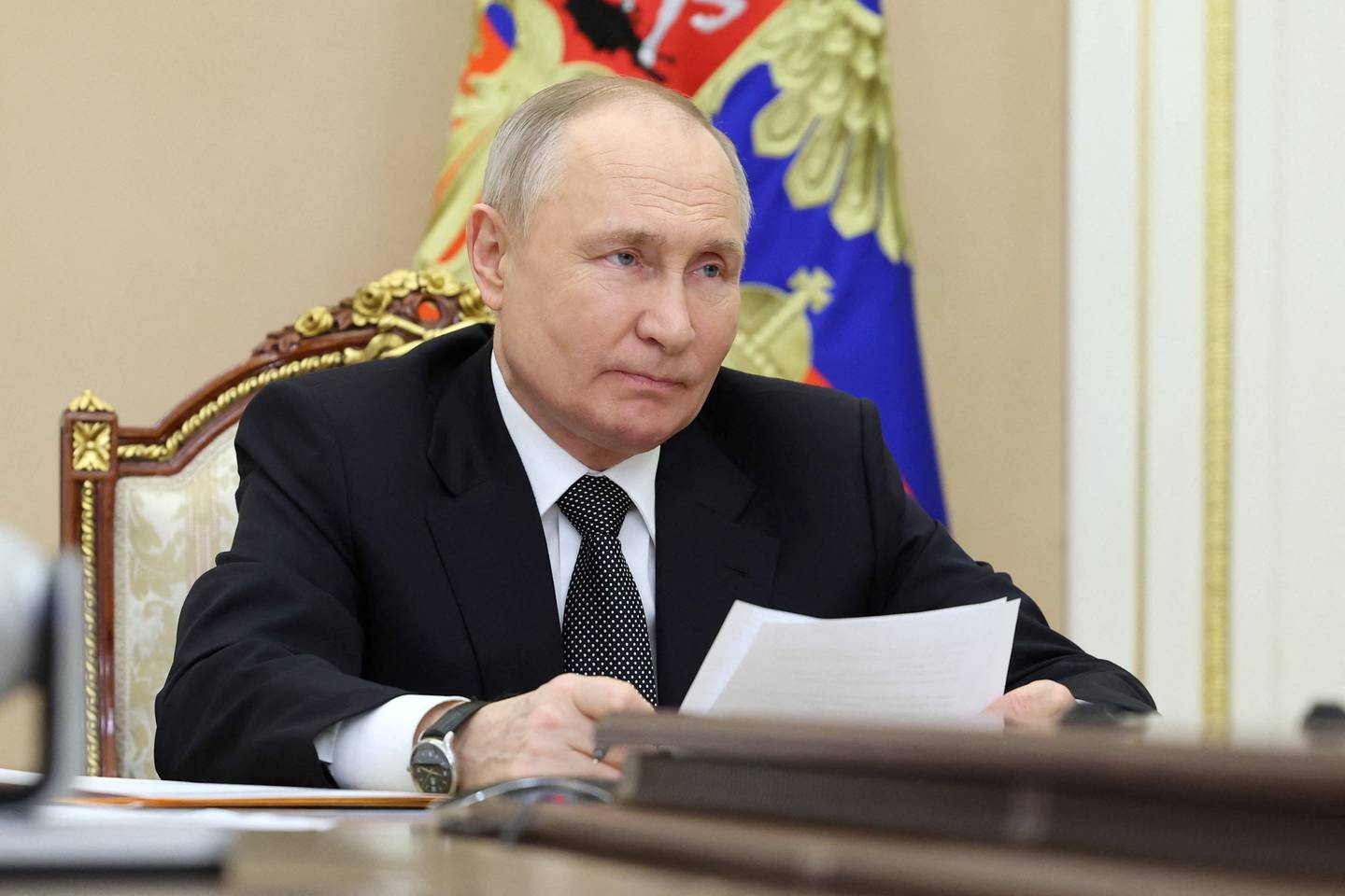 Russian President Vladimir Putin chairs a meeting on capital repairs of schools, via video link in Moscow, Russia February 20, 2024. Sputnik/Alexander Kazakov/Pool via REUTERS ATTENTION EDITORS - THIS IMAGE WAS PROVIDED BY A THIRD PARTY.
