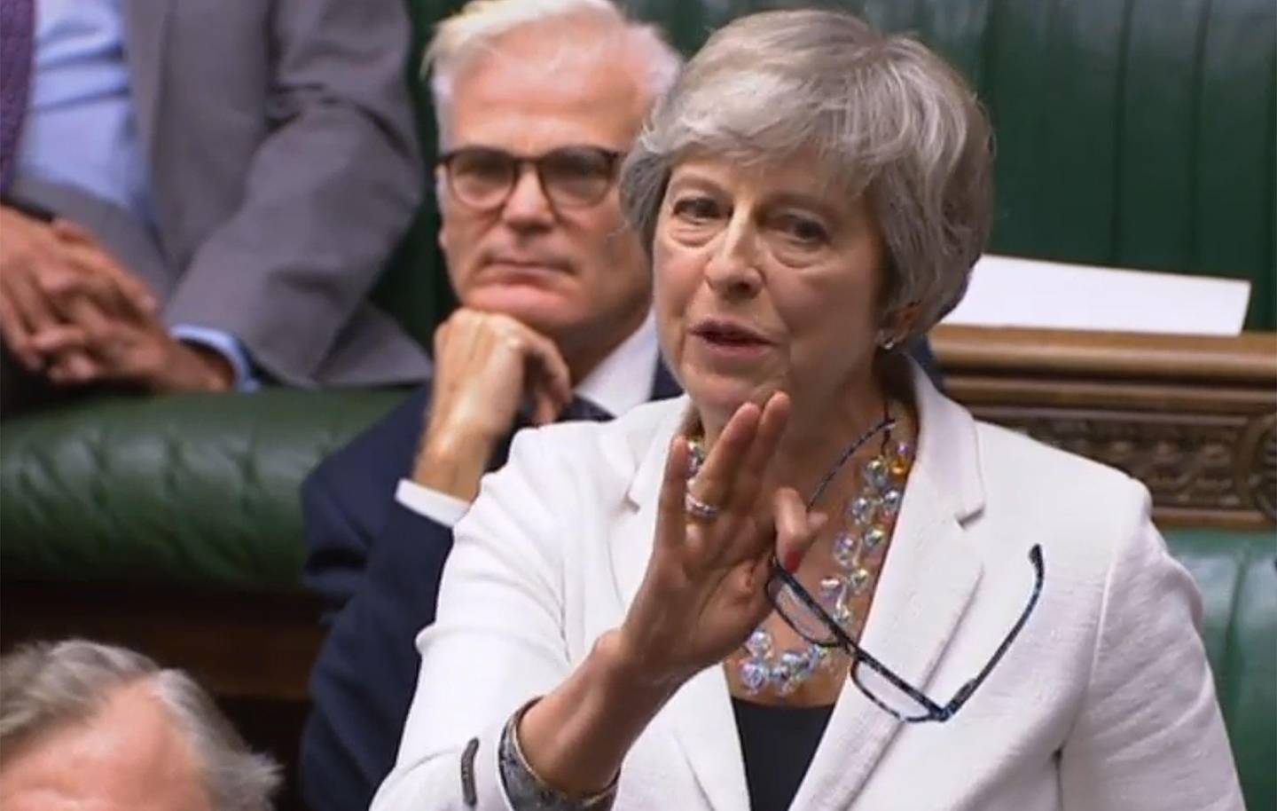 A video grab from footage broadcast by the UK Parliament's Parliamentary Recording Unit (PRU) shows Conservative MP and former prime minister Theresa May speaking in the debate on the Brexit deal in the House of Commons in London on October 19, 2019. - British MPs gather Saturday for a historic vote on Prime Minister Boris Johnson's Brexit deal, a decision that could see the UK leave the EU this month or plunge the country into fresh uncertainty. (Photo by - / various sources / AFP) / RESTRICTED TO EDITORIAL USE - MANDATORY CREDIT " AFP PHOTO / PRU " - NO USE FOR ENTERTAINMENT, SATIRICAL, MARKETING OR ADVERTISING CAMPAIGNS