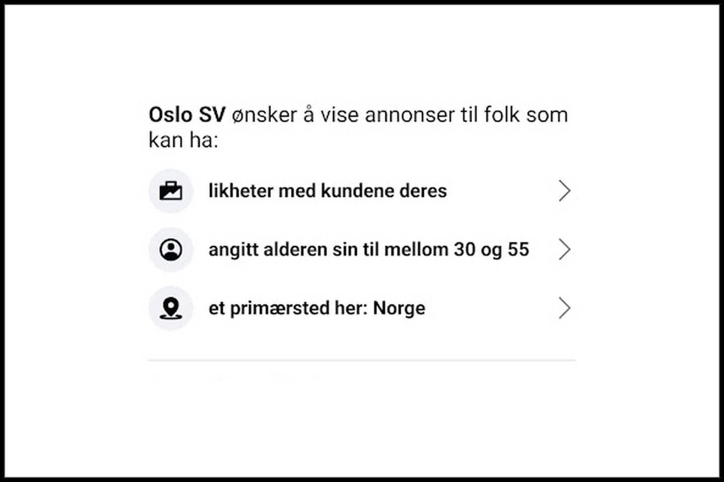 Oslo SV-annonse på Facebook