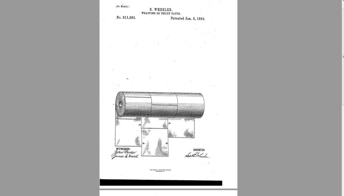 Dette patentet er fra 1894 og skal vise hvordan en dorull skal henge, ifølge Seth Wheeler.