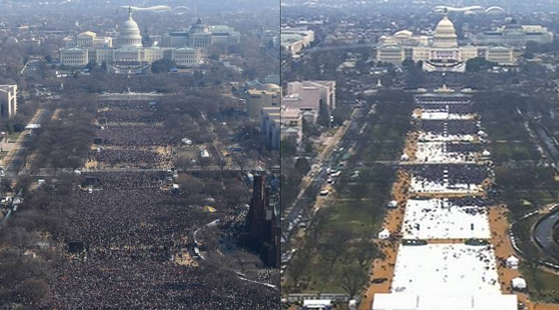 
2009 og 2017: Innsettelsene til Barack Obama (til venstre) og Donald Trump (til høyre). Obamas ble tatt mellom 12.07 og 12.26, mens Trumps ble tatt klokken 12.01. 
