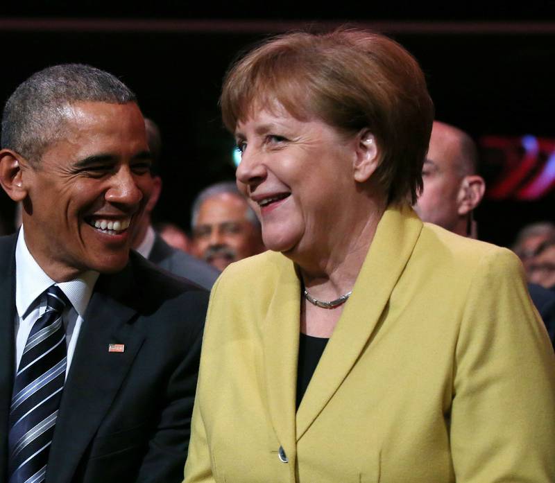 Det var god stemning mellom Obama og Merkel under Obamas Tysklandsbesøk. Merkel støtter frihandelsavtalen TTIP. FOTO: NTB SCANPIX