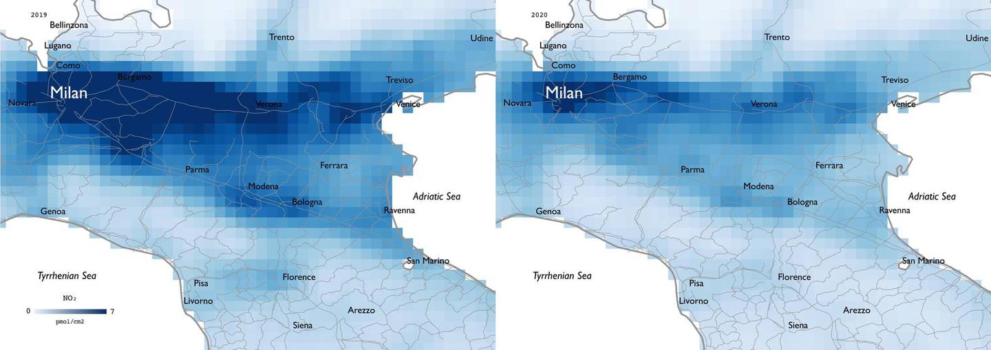 A combination image shows NO2 emission readings for Milan, Italy from 5-25 March 2019 versus the same period in 2020, based on European Space Agency Sentinel-5 satellite data. The European Public Health Alliance says the reduction in NO2 emissions in 2020 is due to lockdown measures during the coronavirus outbreak. ESA/EPHA/James Poetzscher/Handout via REUTERS  THIS IMAGE HAS BEEN SUPPLIED BY A THIRD PARTY. NO RESALES. NO ARCHIVES