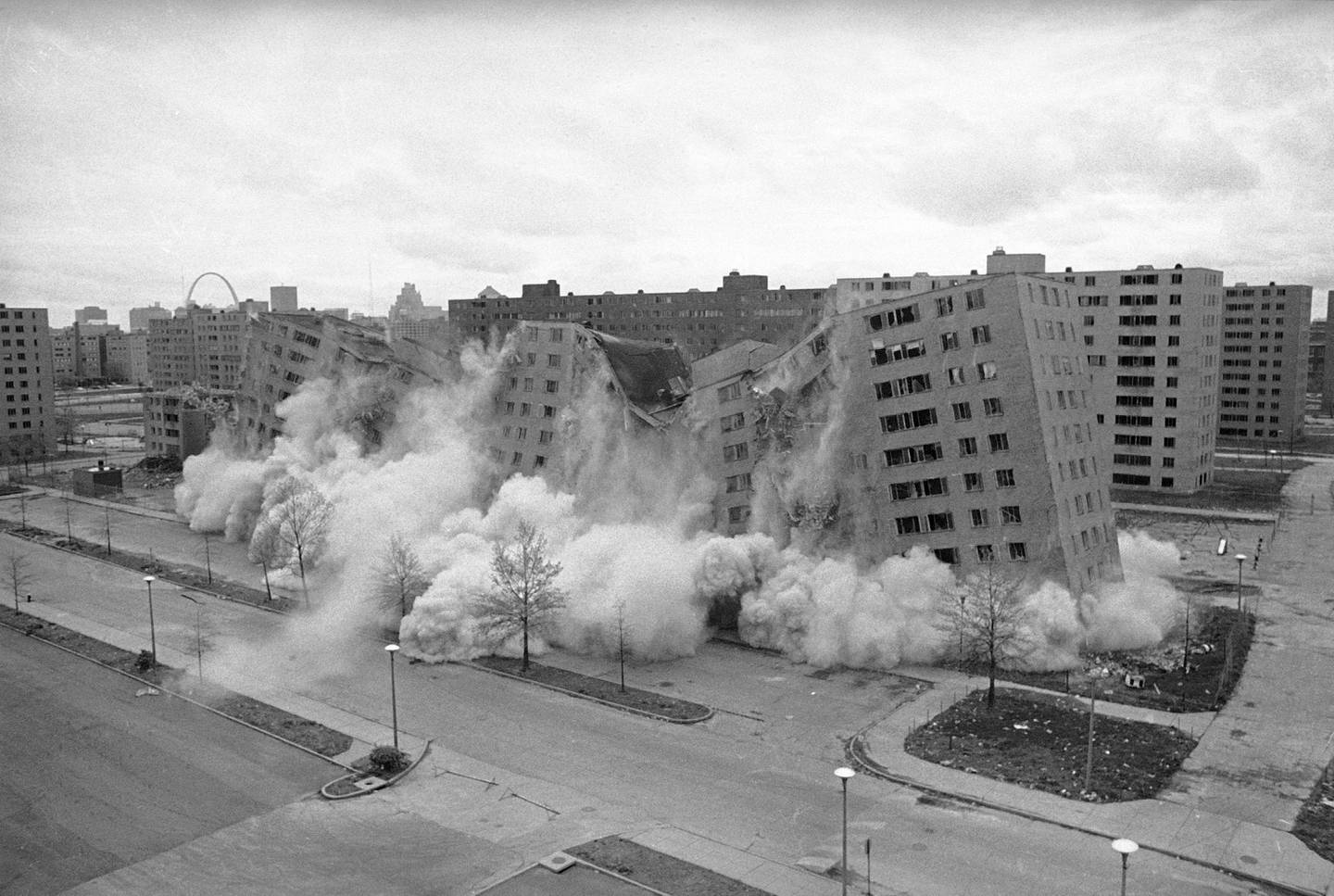 This long-vacant 11-story building in the Pruitt-Igoe public housing development in St. Louis, Missouri, was demolished by dynamite charges, April 21, 1972.  It was the second building to be wrecked in a program designed to determine if the buildings could be altered to make them more liveable or if this method of demolition is better than conventional dismantling techniques.  (AP Photo/Fred Waters)