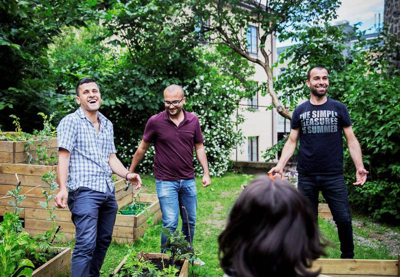 nytt liv: Rizan Manla Mohamed (til venstre), Mohammad Dawood og Abdullah Quassem forlater snart mottaket            på Ila, men etterlater seg en pryd av en hage som før var et dødt hjørne.