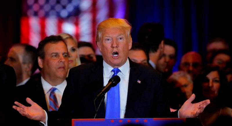 Donald Trump taler til sine tilhengere i forbindelse med nominasjonsvalget i fem delstater tirsdag. FOTO: LUCAS JACKSON/REUTERS/NTB SCANPIX
