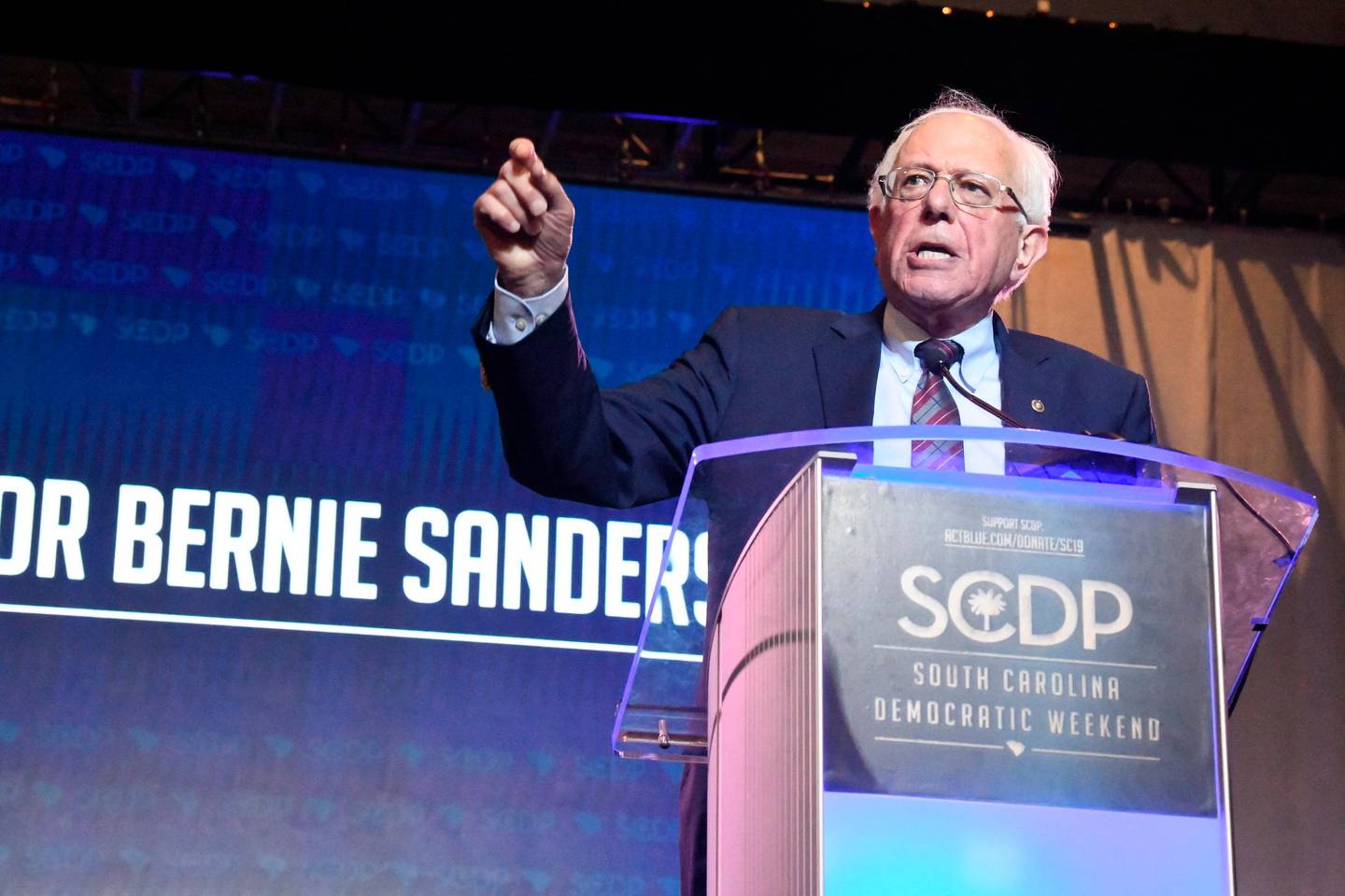 Vermont Sen. Bernie Sanders addresses the crowd during  the South Carolina Democratic Convention on Saturday, June 22, 2019, in , S.C. (AP Photo/Meg Kinnard)
