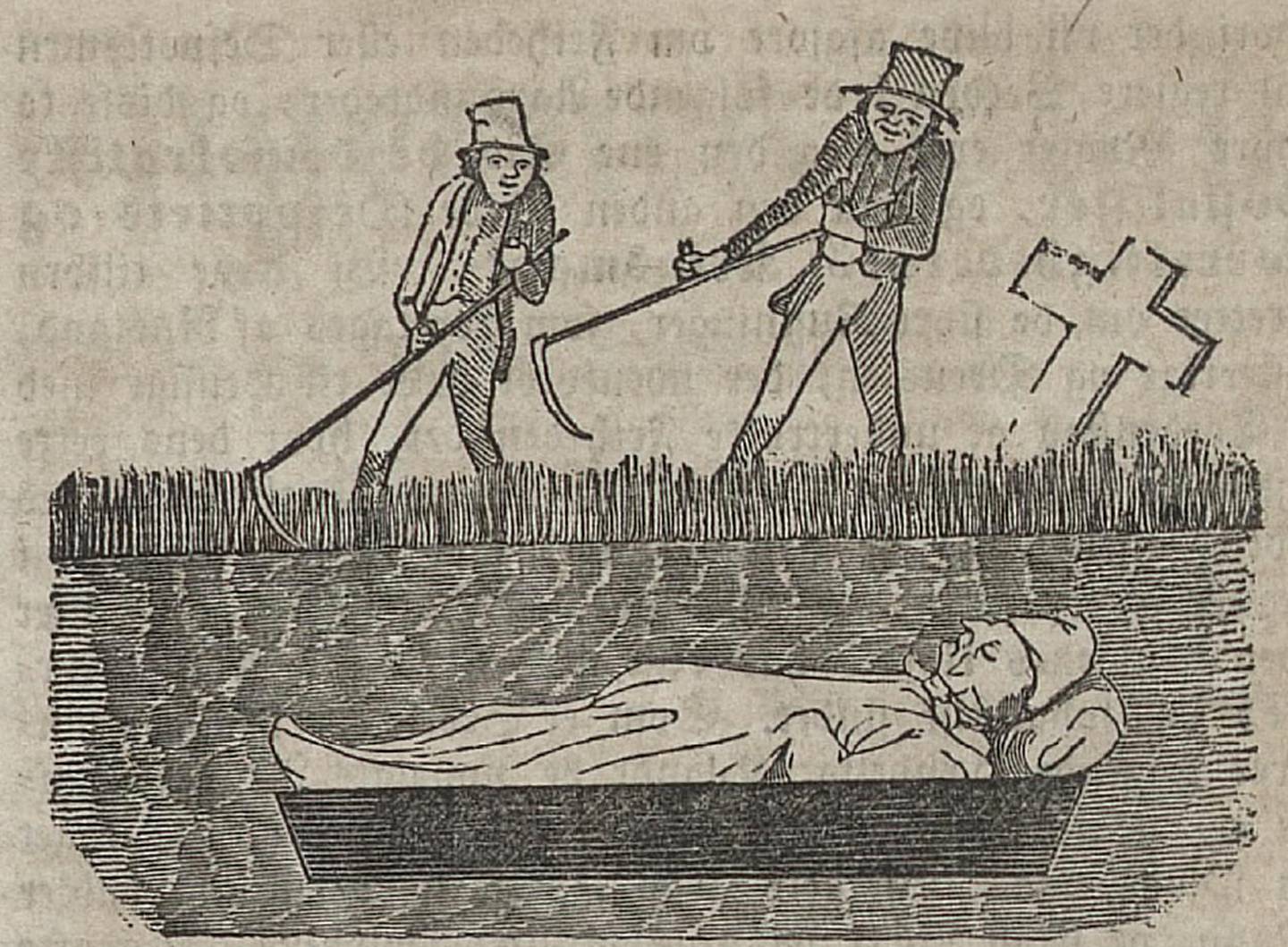 Karikatur av overgraveren som kastes i graven av graverne på kirkegården. Tegningen er muligens tegnet av en 22-årig Henrik Ibsen i Thranebevegelsens avis Arbeider-Foreningernes Blad 20. april 1850