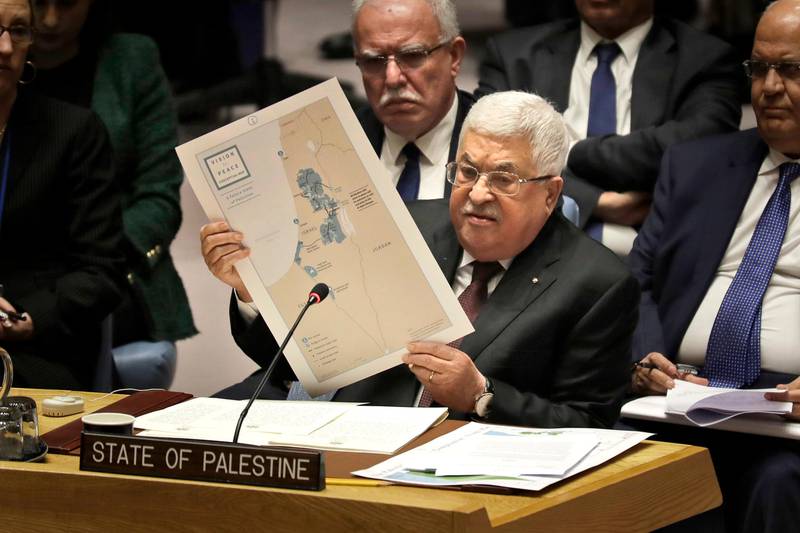 Palestinian President Mahmoud Abbas speaks during a Security Council meeting at United Nations headquarters, Tuesday, Feb. 11, 2020. (AP Photo/Seth Wenig)