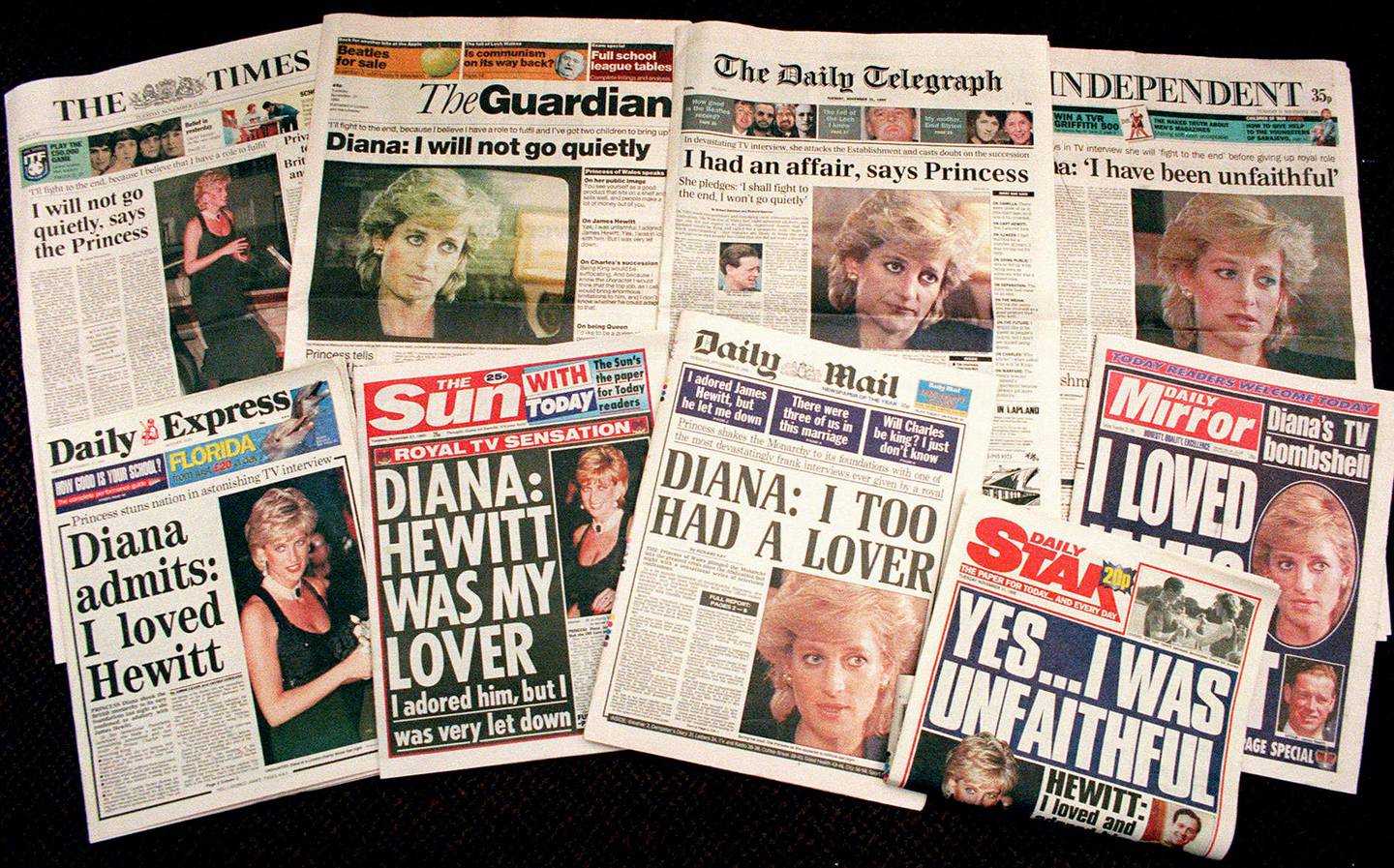 Uttalelsene til prinsesse Diana i det famøse BBC-intervjuet fra 1995 førte til slike overskrifter i de britiske avisene dagen etter.