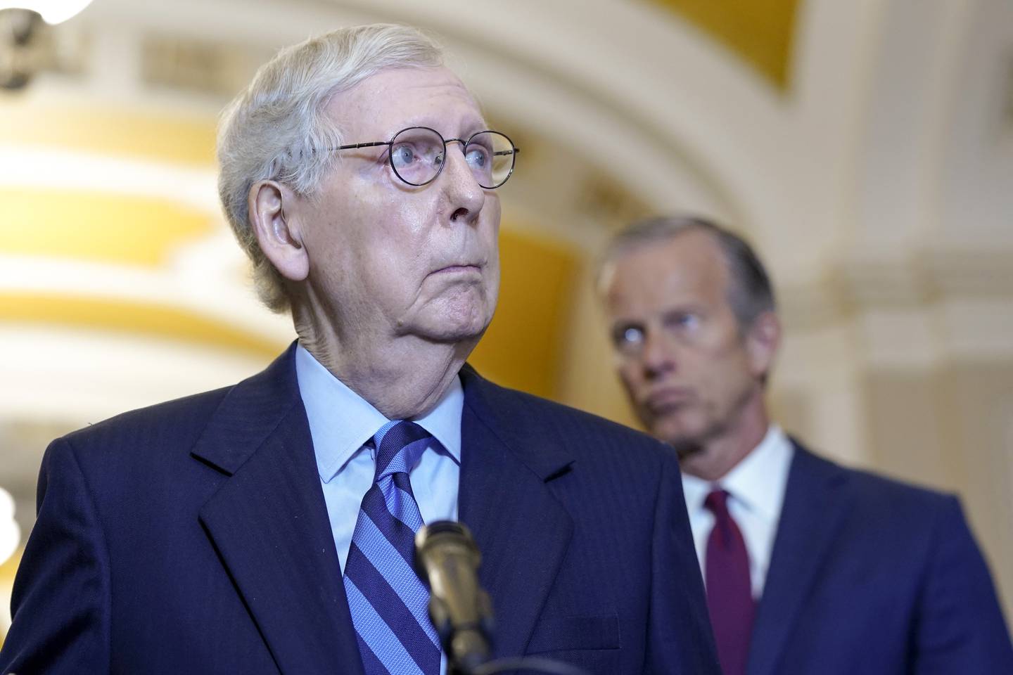 Senate Minority Leader Mitch McConnell, R-Ky., left, speaks as Sen. John Thune, R-S.D., right, listens as he speaks to reporters after a policy luncheon Wednesday, May 31, 2023, on Capitol Hill in Washington. (AP Photo/Mariam Zuhaib)