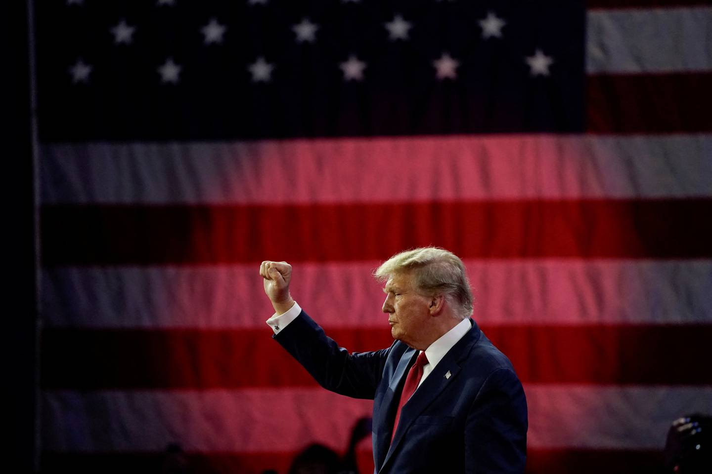 FILE PHOTO: Former U.S. President and Republican presidential candidate Donald Trump gestures after addressing the Conservative Political Action Conference (CPAC) annual meeting in National Harbor, Maryland, U.S., February 24, 2024. REUTERS/Elizabeth Frantz/File Photo