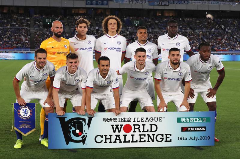 Chelsea players pose for group photo before a soccer match between Chelsea FC and Kawasaki Frontale in Yokohama Friday, July 19, 2019. (AP Photo/Eugene Hoshiko)