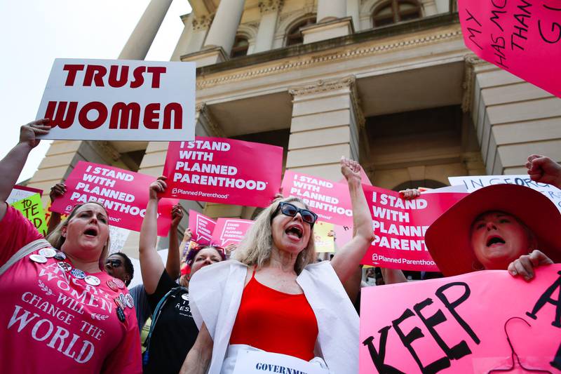 ATLANTA, GA - MAY 21: People protest against Georgia's recently passed "heartbeat" bill at the Georgia State Capitol building, on May 21, 2019 in Atlanta, Georgia. The bill would ban abortion when a fetal heartbeat is detected. The Alabama abortion law, signed by Gov. Kay Ivey last week, includes no exceptions for cases of rape and incest, outlawing all abortions except when necessary to prevent serious health problems for the woman. Though women are exempt from criminal and civil liability, the new law punishes doctors for performing an abortion, making the procedure a Class A felony punishable by up to 99 years in prison   Elijah Nouvelage/Getty Images/AFP
== FOR NEWSPAPERS, INTERNET, TELCOS & TELEVISION USE ONLY ==
