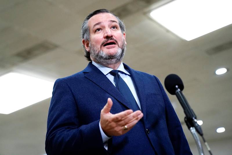U.S. Senator Ted Cruz (R-TX) speaks to members of the media during the fifth day of the impeachment trial of former U.S. President Donald Trump, on charges of inciting the deadly attack on the U.S. Capitol, in Washington, U.S., February 13, 2021. REUTERS/Erin Scott