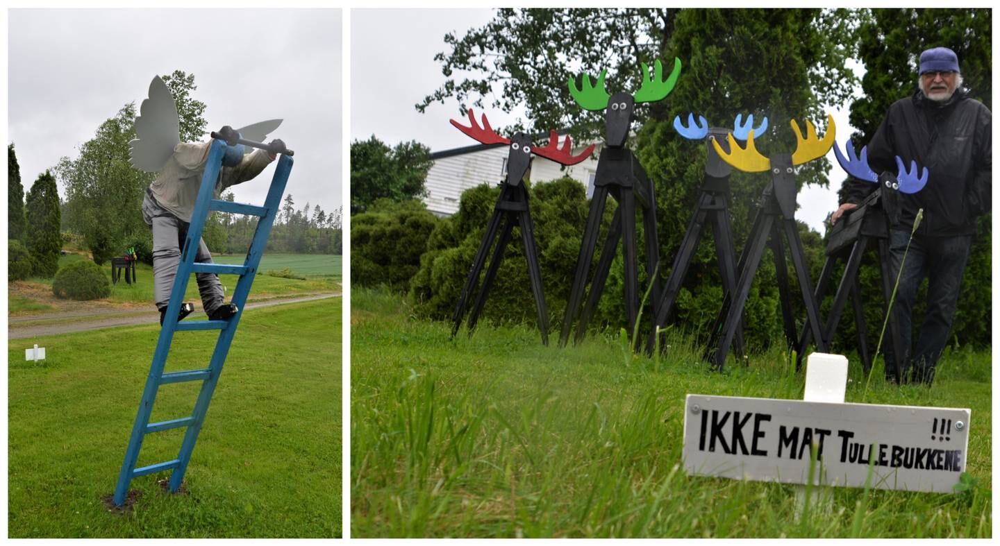 Installasjonene «Ikke mat tullebukkene» og «Luft under vingene» er to av Egil Syversen  kunstverk som stilles ut på Storedal i Skjeberg,