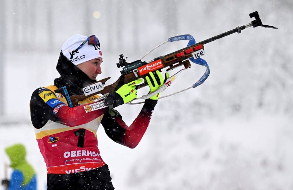 Marte Olsbu Røiseland går fra seier til seier i verdenscupen i skiskyting. Foto: Hendrik Schmidt / DPA via AP / NTB