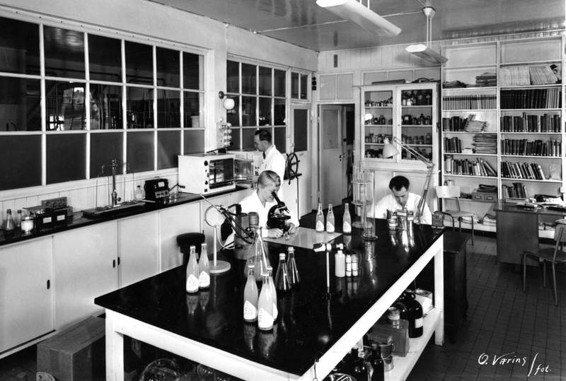 Arbeidere på labben i 1963. Arbeidet var kjønnsdelt og laboratoriet først forbehold menn, men etter hvert ble også kvinner ansatt her.