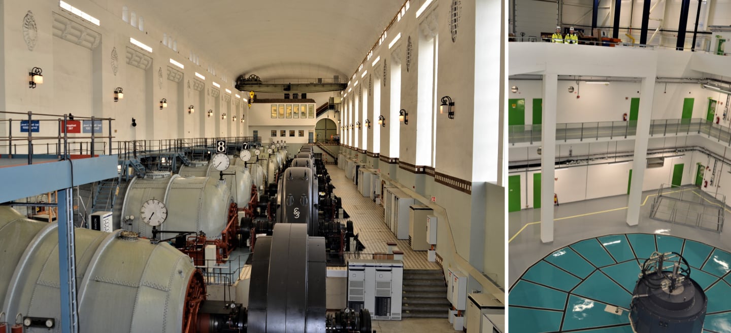 Den «gamle» delen av Vamma kraftverk ble fullført med de to siste Francis-aggregatene i 1944. Foto til høyre: Vamma12, et stort nytt kraftverk ferdigstilt i 2019.