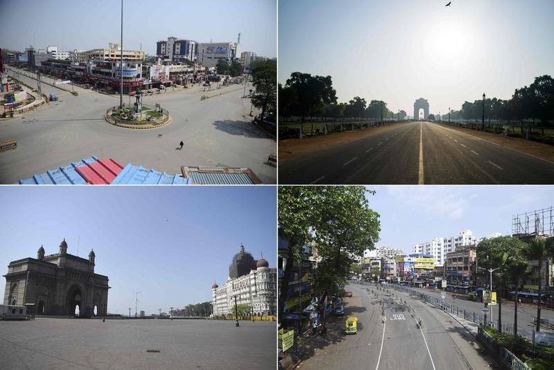(COMBO) This combination of pictures taken and created on March 22, 2020, shows deserted (clockwise) Subhash Chowk in Allahabad, Rajpath leading to India Gate in New Delhi, road in Kolkata and Gateway of India and Taj Mahal Palace hotel in Mumbai during a one-day nationwide Janata (civil) curfew imposed as a preventive measure against the COVID-19 coronavirus. - Nearly one billion people around the world were confined to their homes, as the coronavirus death toll crossed 13,000 and factories were shut in worst-hit Italy after another single-day fatalities record. (Photo by AFP)