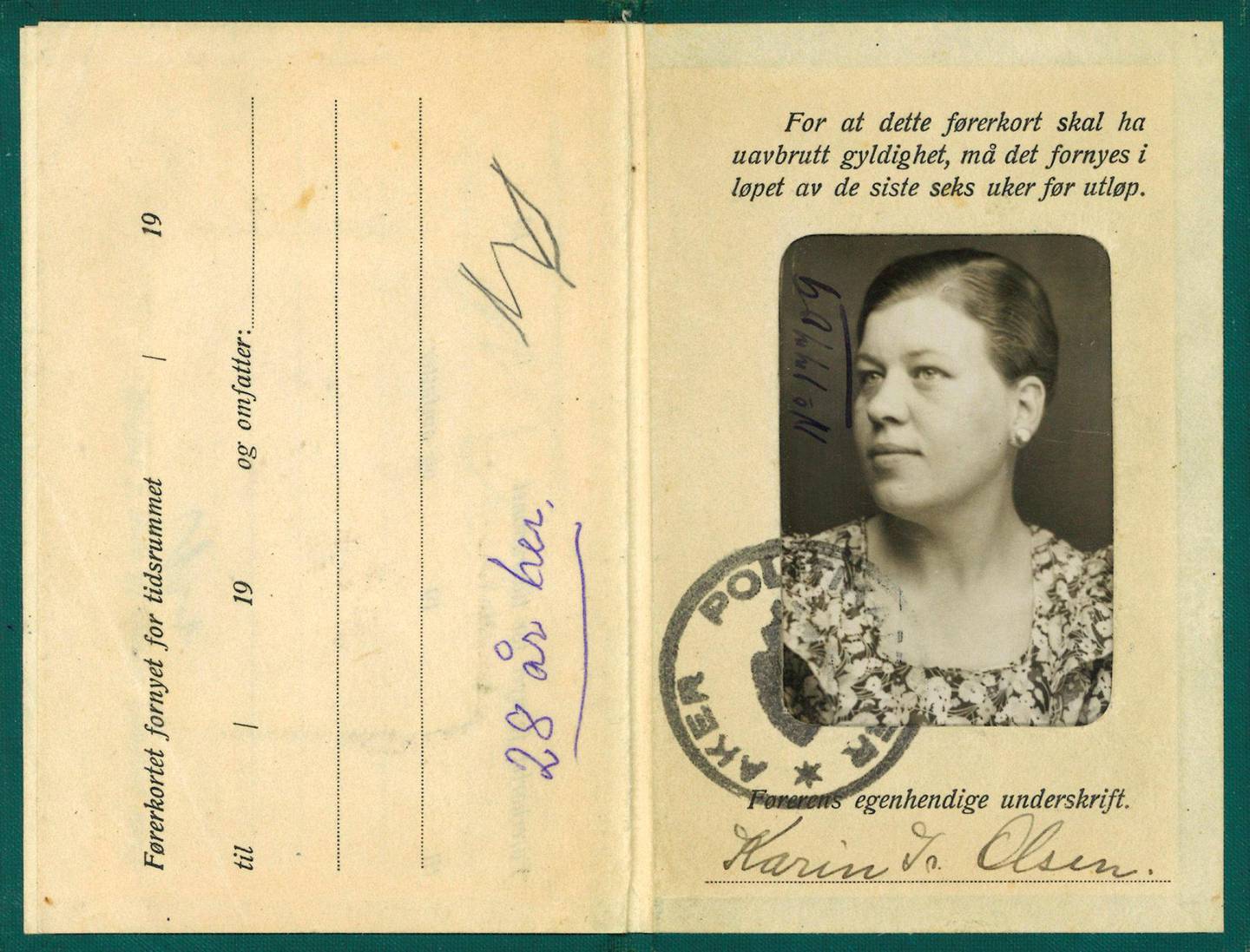 SELVSTENDIG: Karin Olsens (senere Johansen) førerkort fra 1936. Hun fikk sparken fra Oslo Samvirkelag i 1937 fordi hun skulle gifte seg.FOTO: Privat