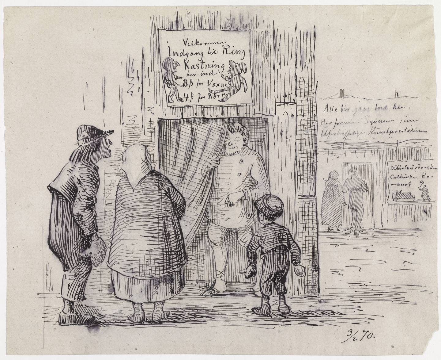 Fornøyelsesbod med ringkasting på Christianiamarkedet. Tegning av Carl Frederik Diriks ca. 1865.
