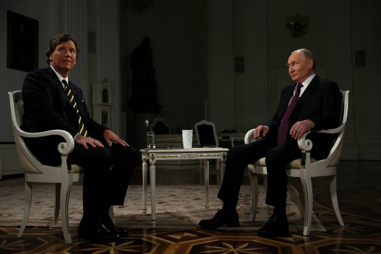 Russian President Vladimir Putin takes part an interview with U.S. television host Tucker Carlson in Moscow, Russia February 6, 2024. Sputnik/Gavriil Grigorov/Kremlin via REUTERS ATTENTION EDITORS - THIS IMAGE WAS PROVIDED BY A THIRD PARTY.     TPX IMAGES OF THE DAY