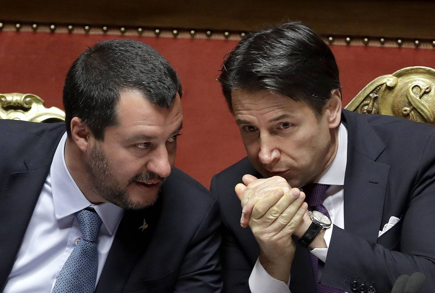 Den gang da: Daværende innenriksminister og visestatsminister Matteo Salvini fra Ligaen og statsminister Giuseppe Conte i 2019.