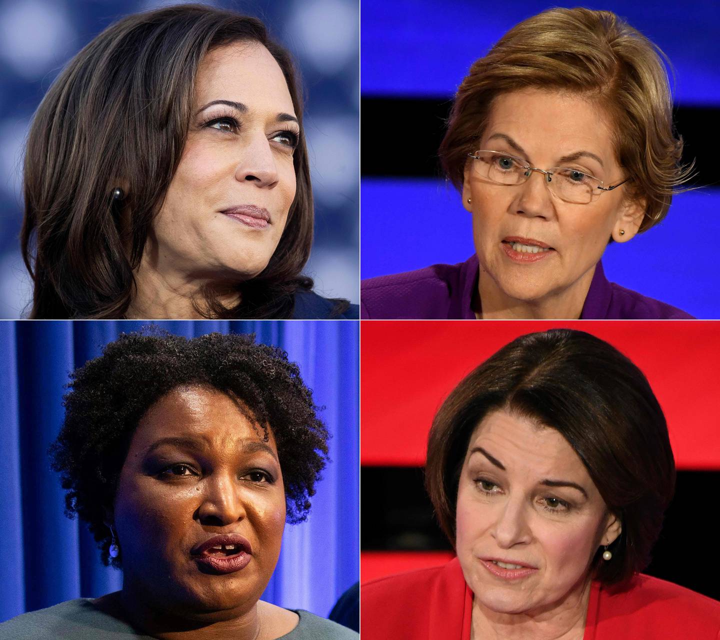 (COMBO) This combination of pictures created on April 09, 2020 shows (L-R, top to bottom) US Senator Kamala Harris  on January 27, 2019 in Oakland, California; US Senator Elizabeth Warren on January 14, 2020, in Des Moines, Iowa; former Georgia Democratic gubernatorial candidate Stacey Abrams on November 20, 2019, in Atlanta, Georgia and US Senator Amy Klobuchar on January 14, 2020, in Des Moines, Iowa. - White House hopeful, former US Vice President Joe Biden has committed to picking a woman as his vice presidential candidate should he win the Democratic nomination. Harris, Warren, Abrams and Klobuchar are the top candidates. (Photos by AFP)