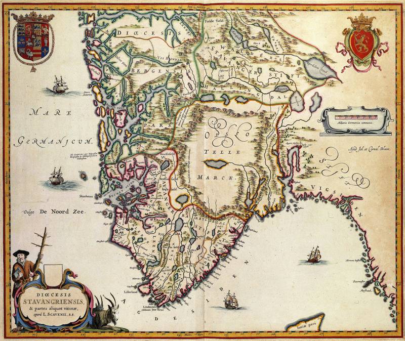 Nederlenderne Joan og Cornelis Blaeus kart fra 1630-tallet viser Stavanger­området, «Dioecesis Stavangriensis & partes aliquot vicinæ». Legg merke til den store hvite flekken Telemark, som ble regnet som uinteressant for nederlandske handelsinteresser.