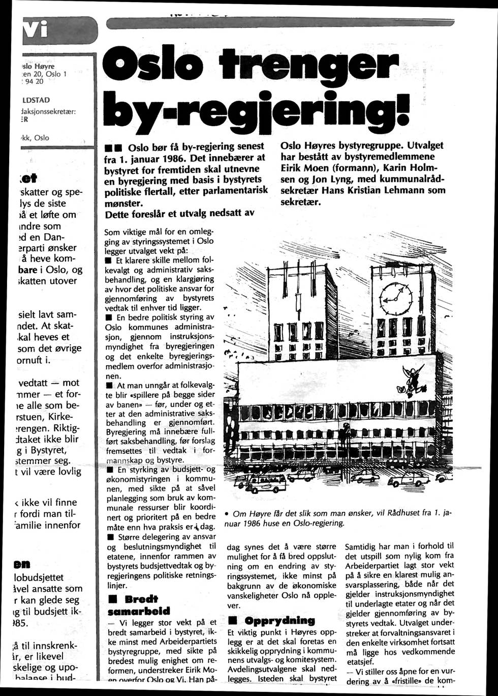 Høyres forslag: Første sak i Høyres medlemsblad «Oslo og vi» i november 1984 var at Høyre ville ha en byregjering.  FAKSIMILE: OSLO OG VI