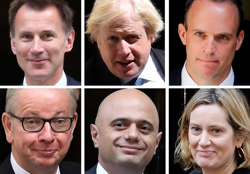 A combination of pictures created in London on December 11, 2018 shows Conservative MPs (top row L-R) Britain's Foreign Secretary Jeremy Hunt on July 10, 2018, Boris Johnson on June 13, 2018, Dominic Raab on July 9, 2018, (bottom row L-R) Britain's Environment, Food and Rural Affairs Secretary Michael Gove on July 5, 2016, Britain's Home Secretary Sajid Javid on October 16, 2018, Britain's Work and Pensions Secretary Amber Rudd on November 13, 2018, all pictured at Downing Street in London. - With British Prime Minister Theresa May badly weakened by her decision to delay a key Brexit vote she would have lost, potential leadership contenders for the Conservative Party are waiting to pounce. (Photo by AFP)