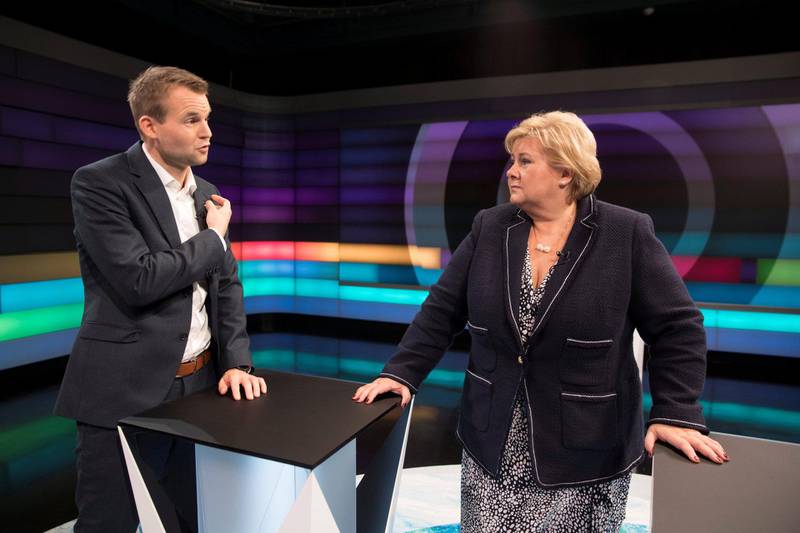 KrFs nestleder Kjell Ingolf Ropstad og Høyre-leder og statsminister Erna Solberg i debatt.