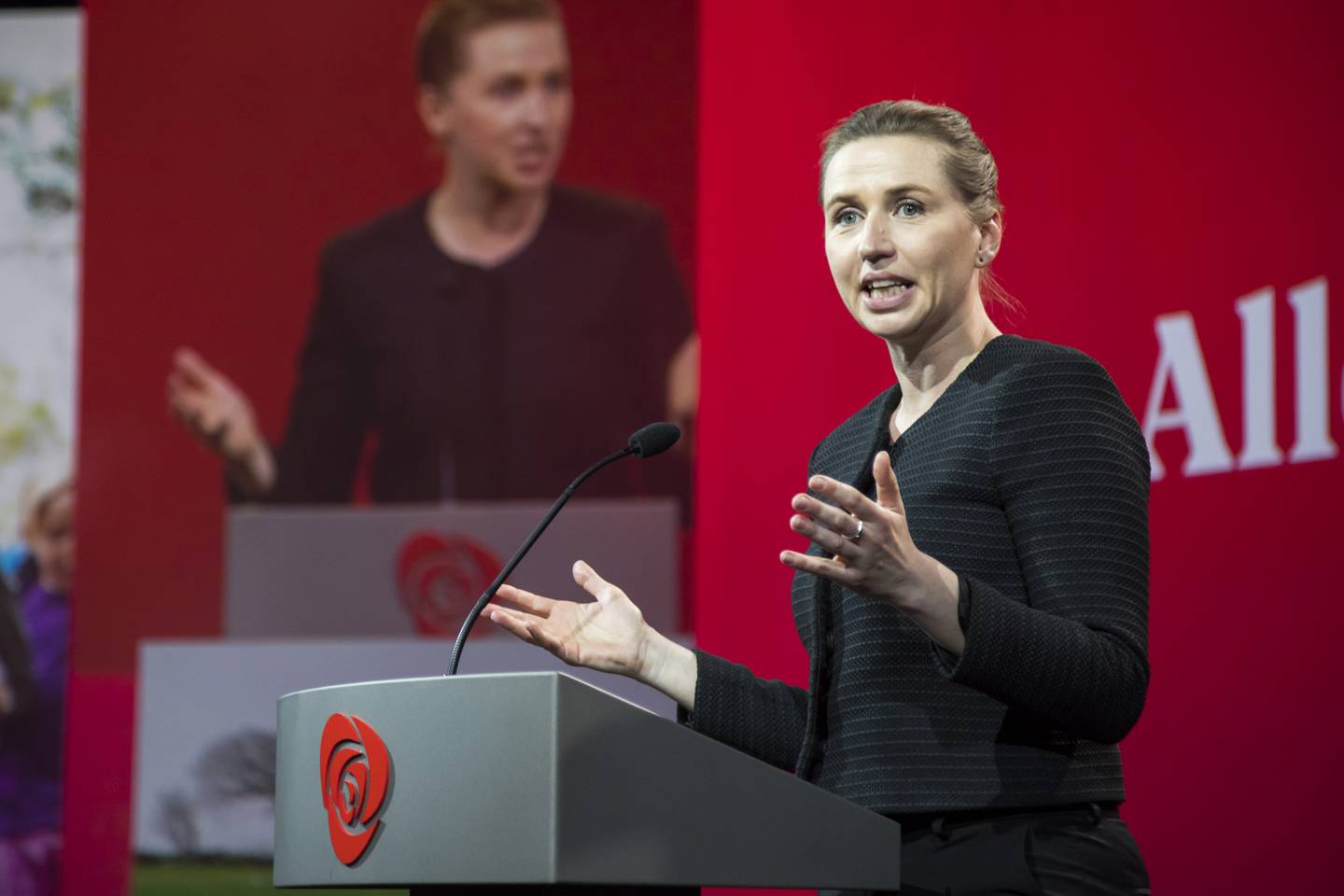 Mette Frederiksen taler på Arbeiderpartiets landsmøte 2017.