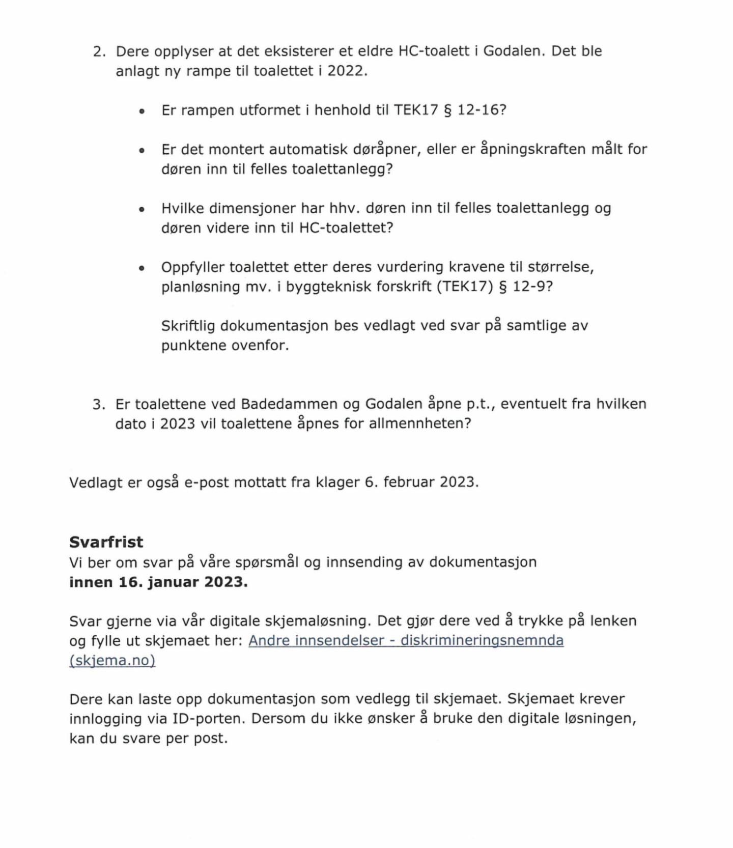 Skjermdump brev fra Diskrimineringsnemda til Stavanger kommune 10. januar 2023.