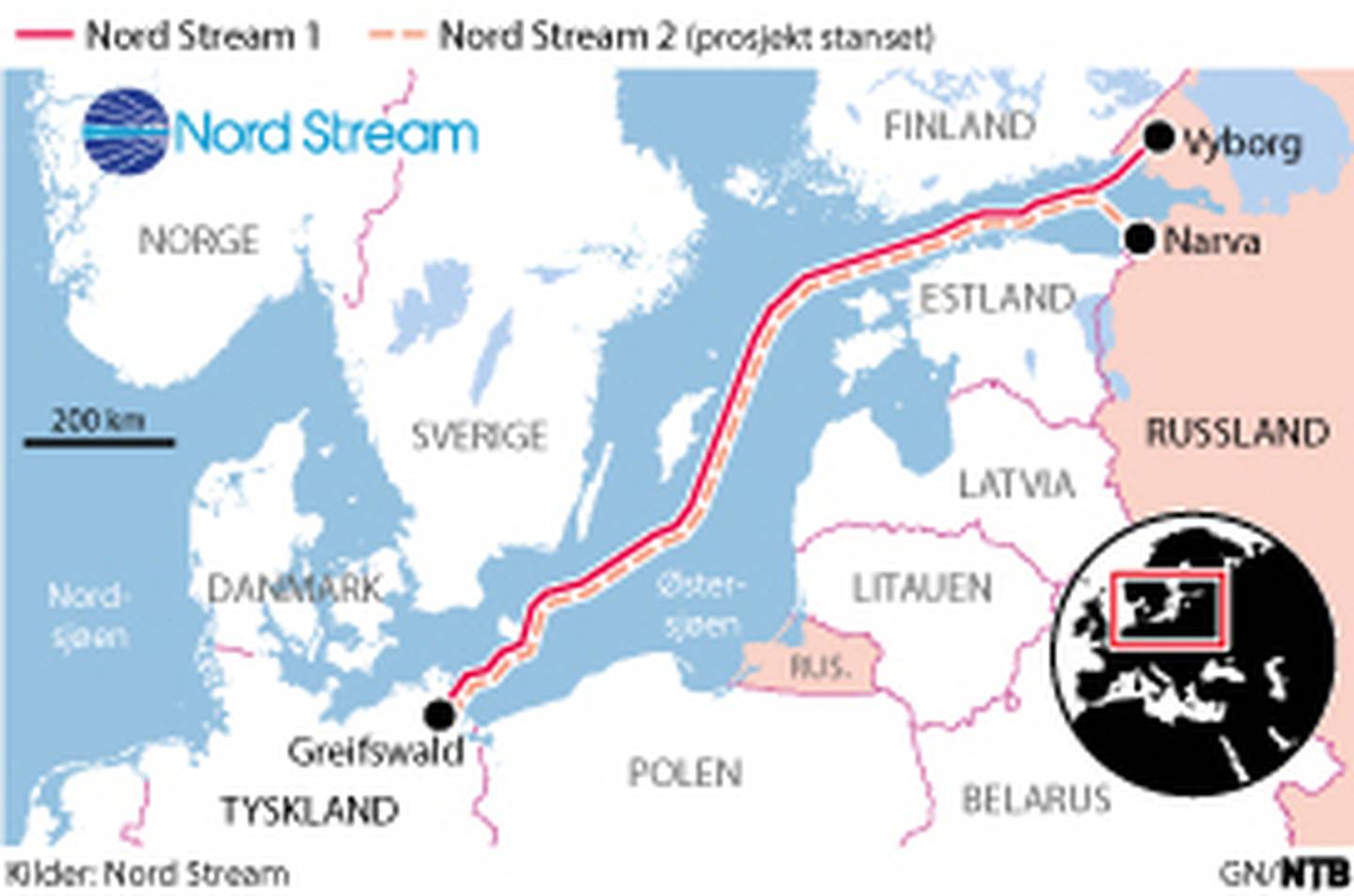 Traseene for Nord Stream 1 og 2.