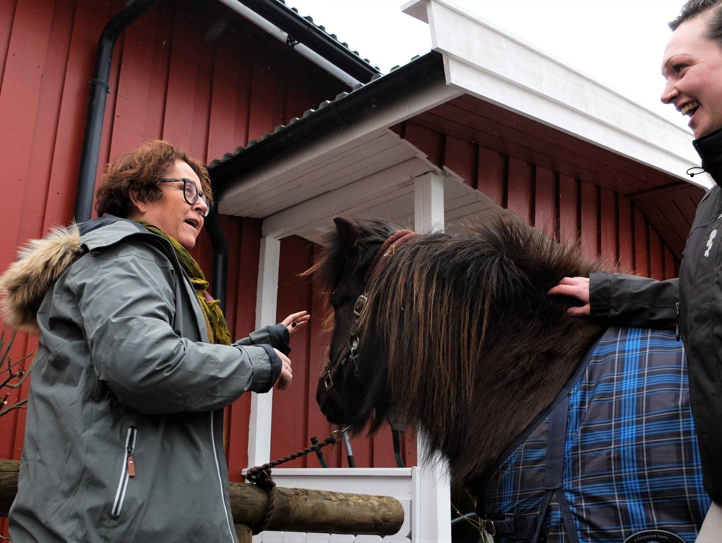Den dyrekjære ministeren klarte ikke å la være å klappe hestene, selv om hun stadig måtte vaske hendene på grunn av allergi. Elisabeth Johansen til høyre.