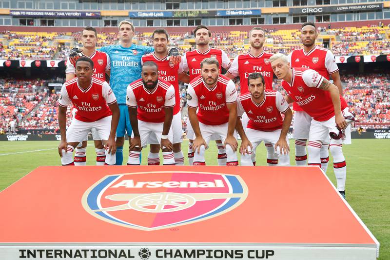 Jul 23, 2019; Landover, MD, USA; Arsenal starting eleven players pose for a photo prior to their game against Real Madrid of a match in the International Champions Cup soccer series at FedEx Field. Mandatory Credit: Amber Searls-USA TODAY Sports