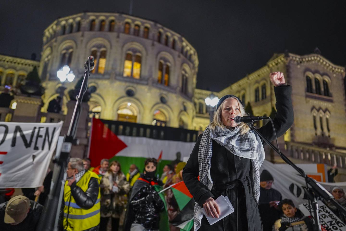 Kirsti Bergstø (SV) holdt en appelll under lørdagens demonstrasjon utenfor Stortinget. Foto: Heiko Junge / NTB