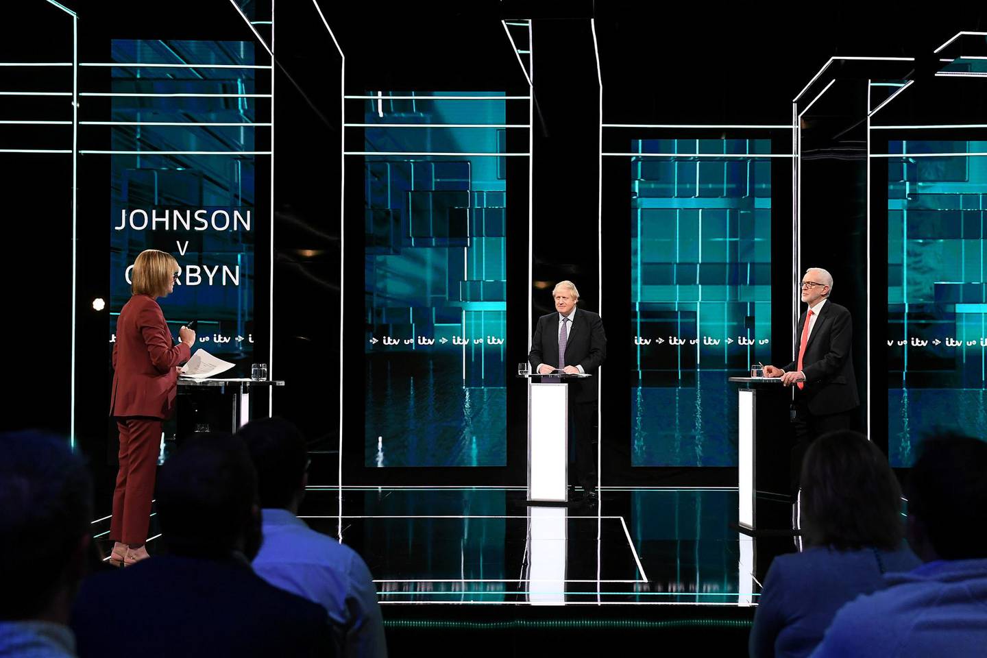 Conservative leader Boris Johnson and Labour leader Jeremy Corbyn are seen during a televised debate ahead of general election in London, Britain, November 19, 2019. Jonathan Hordle/ITV/Handout via REUTERS THIS IMAGE HAS BEEN SUPPLIED BY A THIRD PARTY. NO RESALES. NO ARCHIVES. PICTURE AVAILABLE FOR USE ONLY UNTIL DECEMBER 19TH 2019.