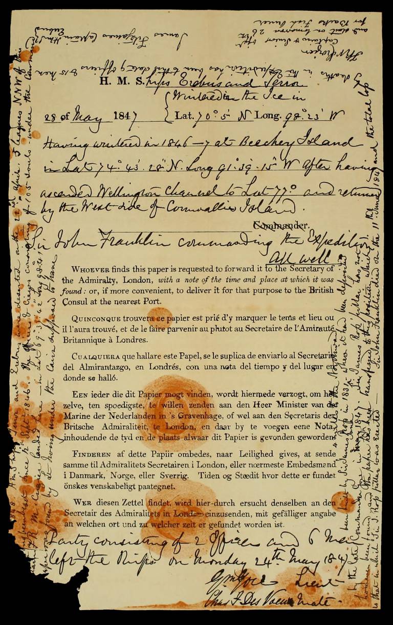 I 1859 fant et team dette dokumentet datert 25. april 1848. Dokumentet beskrev hvordan «Erebus» og «Terror» hadde frosset fast i isen og blitt forlatt, og at 105 overlevende planla å begi seg sørover. Dokumentet fortalte også at Franklin døde 11. juni 1847.