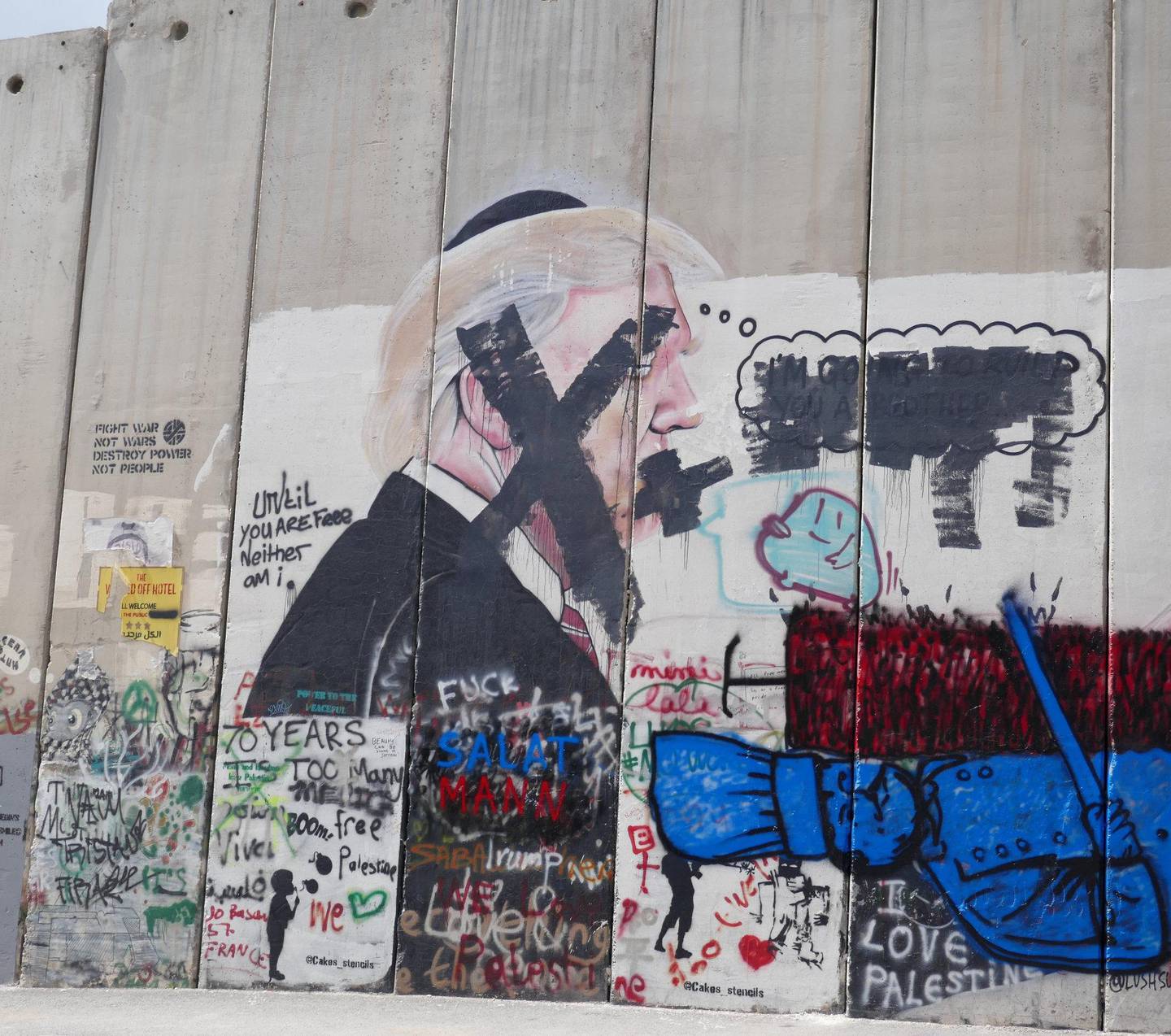 Trump-karikatur ved Betlehem på Israels barriere, som de kaller sikkerhetsgjerdet, på Vestbredden. Foto: Ines M. Zander