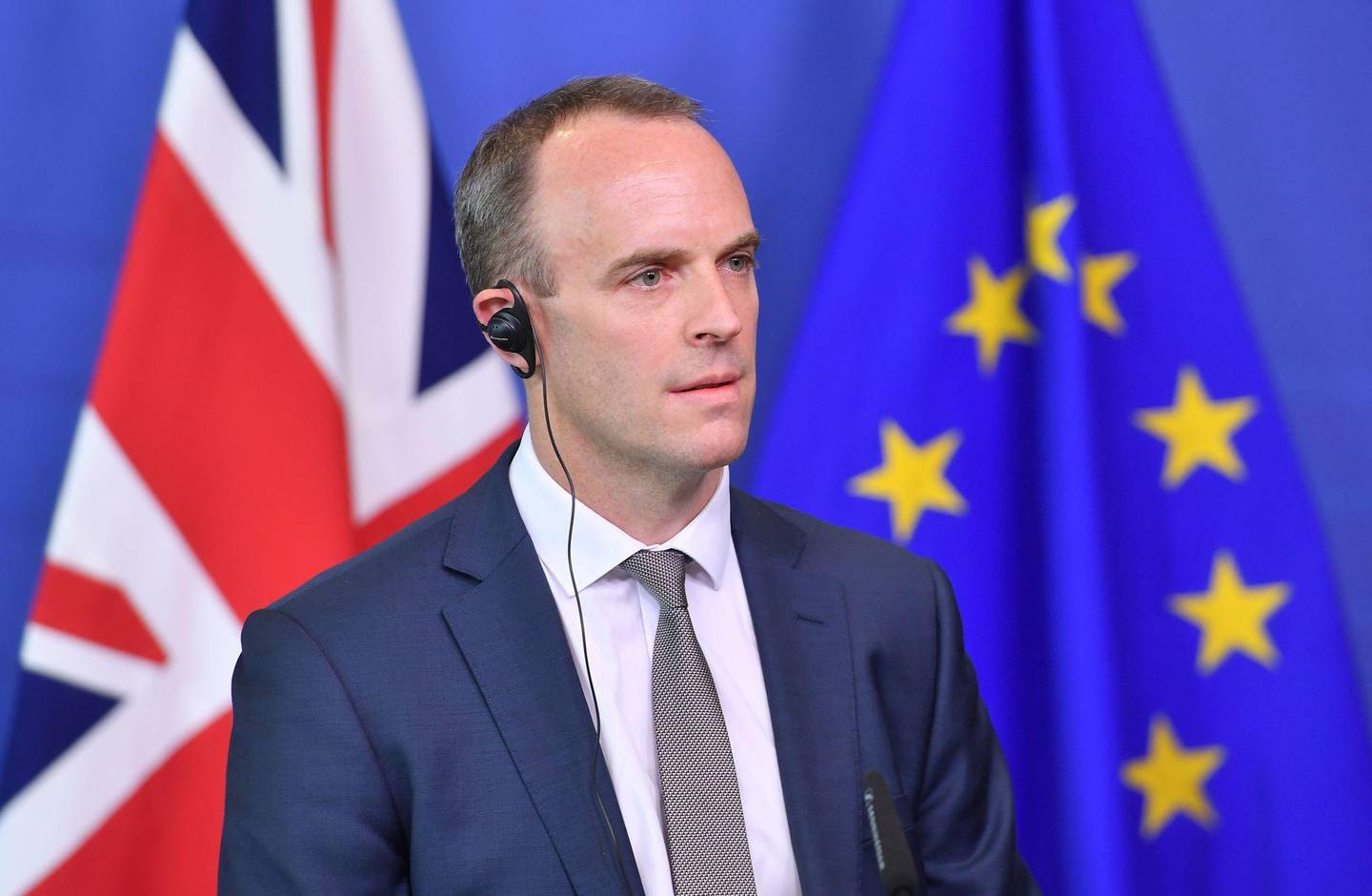 (FILES) In this file photo taken on August 31, 2018 Britain's Brexit Secretary Dominic Raab gives a joint press conference with EU Chief Brexit Negotiator at the European Commission in Brussels. - British Prime Minister Theresa May suffered a huge blow on November 15, 2018 as Dominic Raab quit as her Brexit secretary, saying he "must resign" over the proposed EU withdrawal agreement. (Photo by Emmanuel DUNAND / AFP)