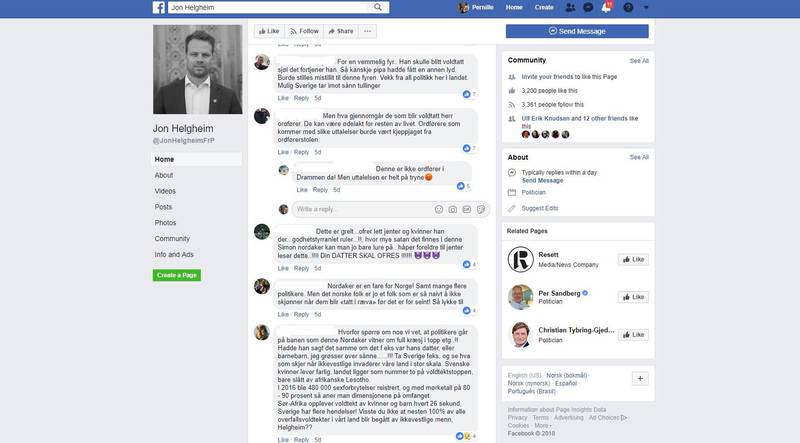 Etter at Dagsavisen Fremtiden gjorde Helgheim oppmerksom på disse kommentarene til hans facebookinnlegg, besvarte han den øverste slik: «Det er ikke noe bedre å ønske noen voldtatt! Skjærp deg!»